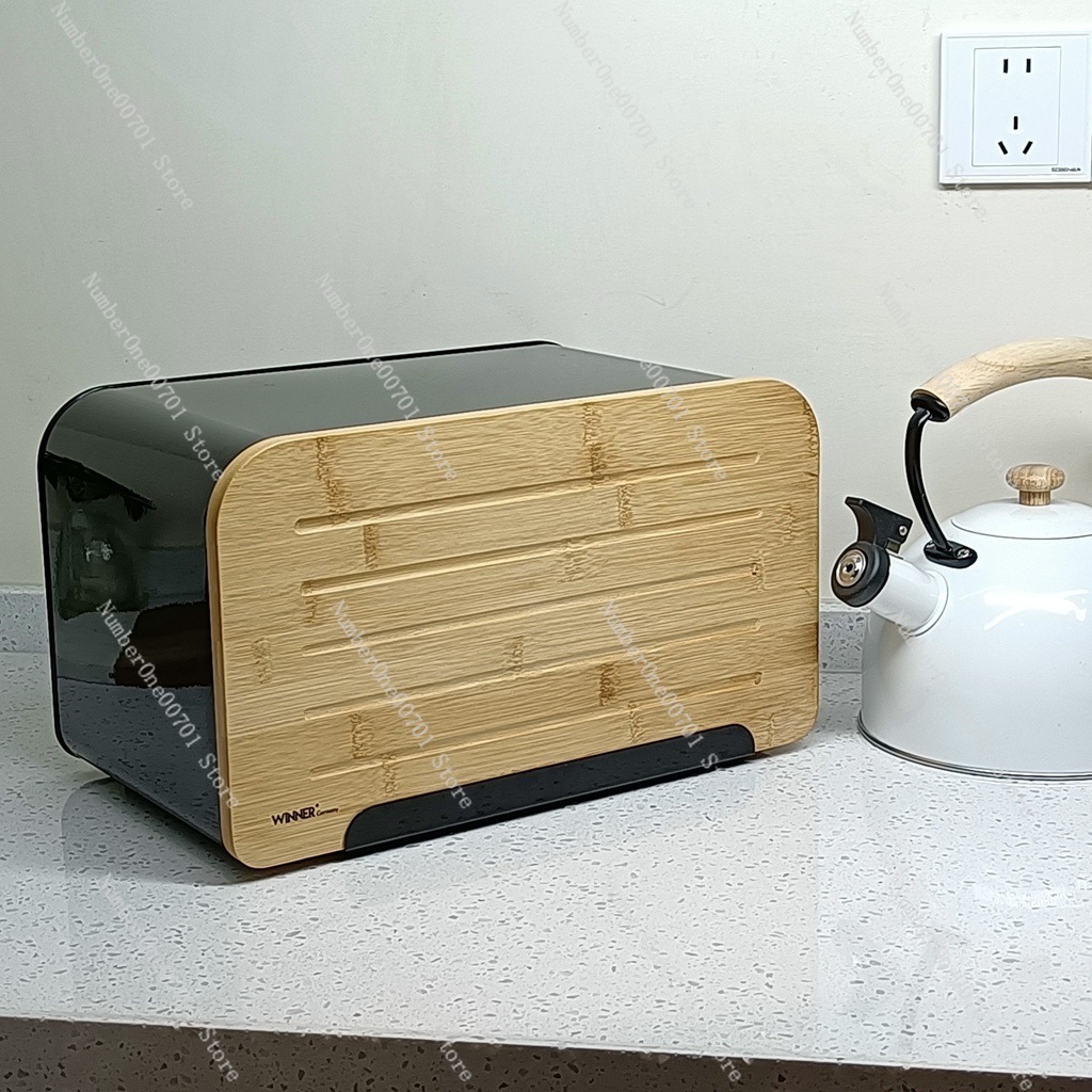 Food Storage Box Stainless Steel - Kotak Roti Dapur dengan Tutup Bambu,