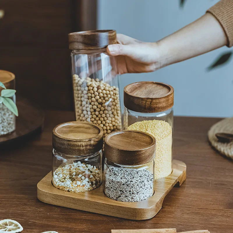 Food Storage Glass Container Set - Wadah makanan tutup kayu, wadah penyimpanan